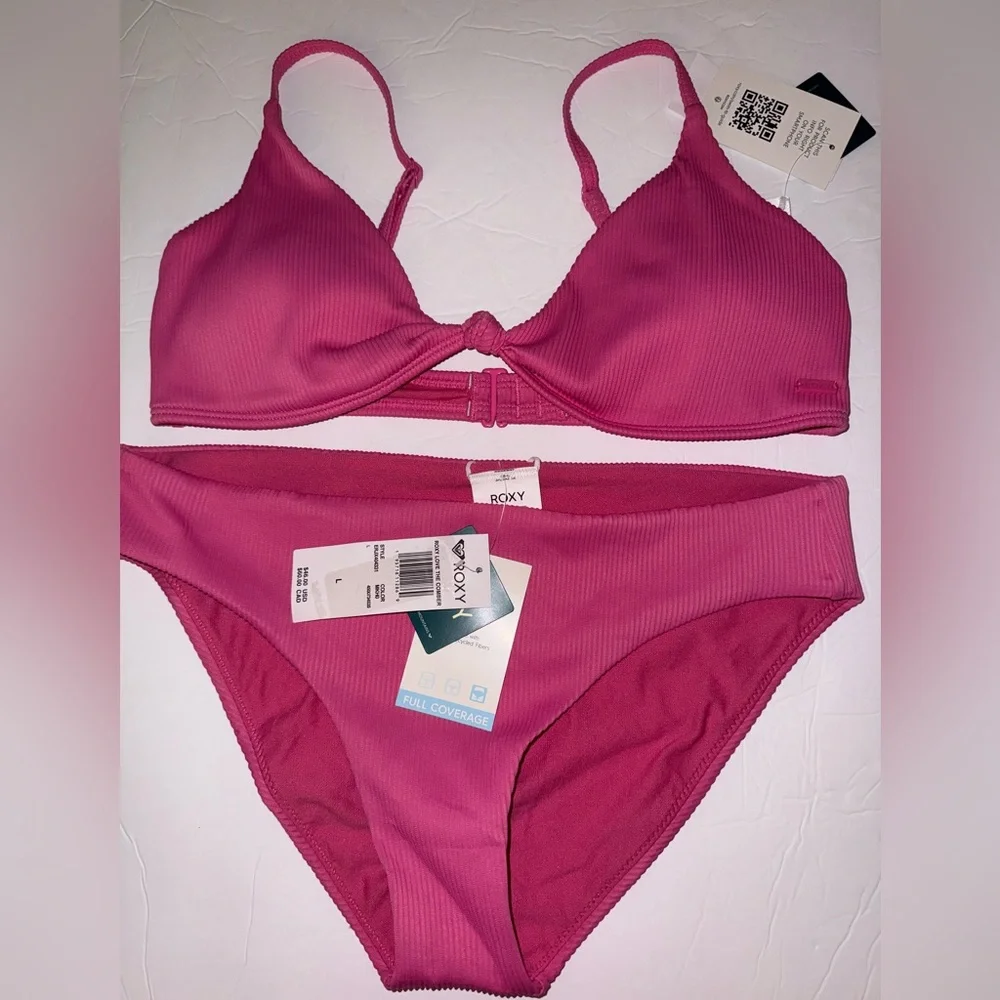 Roxy NWT Pink Ribbed Texture Top & Bottoms‎ Bikini Set Two Piece size Large - Picture 3 of 3
